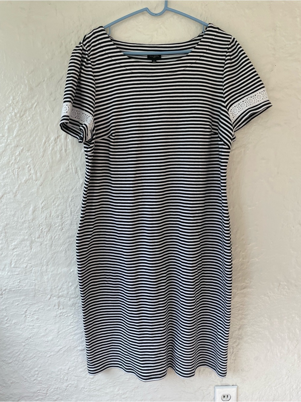 NWT Talbots 100% cotton black and white striped dress midi lace trim. Size: 1X